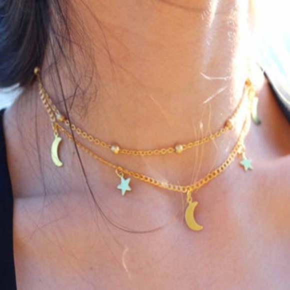 Gold Layered Moon & Stars Bib Choker Necklace - Picture 2 of 6